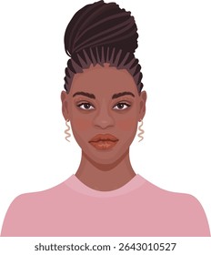 Detailed portrait of beautiful african woman. Attractive young female with stylish afro braids bun. Avatar for social media.