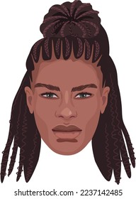 Detailed portrait of handsome African man with trendy long dreadlocks and braids. Realistic avatar for social media.
