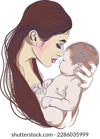 Detailed portrait of a mother with a child in her arms. Tenderness and Love care of the baby.