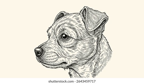 Detailed Portrait of a Staffordshire Terrier Dog in Line Art Style on Beige Background