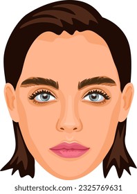 Detailed portrait of a young brunette female. Realistic avatar of beautiful woman. Vector illustration isolated on a white background. 
