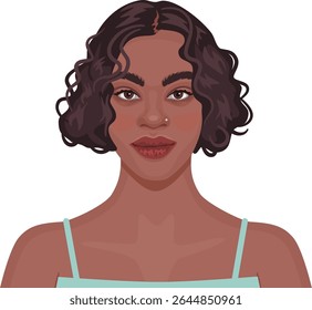 Detailed portrait of young dark skinned woman. Attractive young female with stylish short hair. Avatar for social media.
