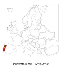 Detailed Portugal silhouette with national flag on contour europe map isolated on white