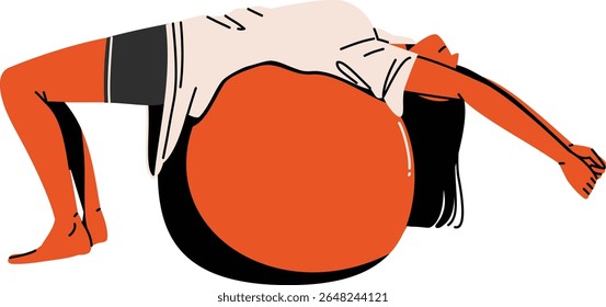 A pose detalhada de uma mulher esticando sua coluna vertebral usando uma grande bola de pilates grande para a postura e os visuais de reabilitação.