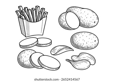 Detalhou Batatas e Batatas Fritas Ilustração em Preto e Branco Line Art