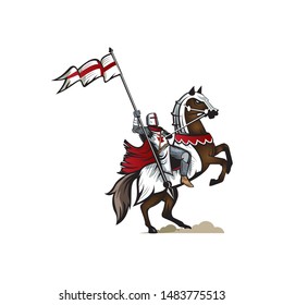 A detailed and powerful vector illustration of a medieval Templar Knight riding a brown horse. The knight is depicted in full silver armor with a white tunic featuring a red cross, holding a fluttering crusader flag. This majestic mascot is perfect for security firms, historical organizations, gaming clans, esports teams, collectible card games, and brands emphasizing honor, protection, and heritage.