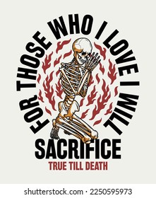 Detailed Praying Skeleton Among The Flames Illustration with Slogan Vector Artwork on White Background for Apparel and Other Uses