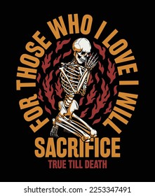Detailed Praying Skeleton Among The Flames Illustration with Slogan Vector Artwork on Black Background for Apparel and Other Uses