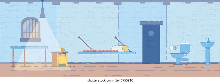 Detailed Prison Cell Interior Background for People Convicted and Serving Sentence for Crime. Jail Room Inner View and Furniture. Correctional System and Punishment. Flat Vector Illustration.