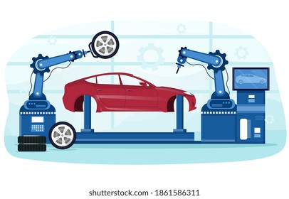 Detaillierter Prozess der automatisierten Autoproduktion. Fahrzeugteile an der Maschinenlinie mit Roboterhand. Flaches Cartoon, Vektorgrafik