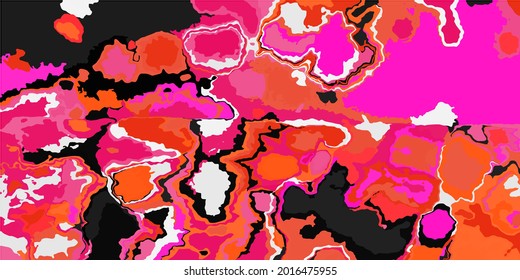 Detailed Psychedelic Modern Textile Pink Background. White Multicolor Grunge Acid Neon Color Map Illustration. Ornamental Black Orange Original Red Plane View. Vivid Bright Art Fashion Digital Design.