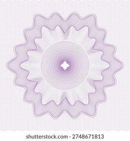 Detailed purple guilloche rosette with complex radial line patterns and elegant symmetrical curves. This ornamental geometric design is inspired by classic banknote and certificate engraving techniques used in security printing. The intricate linework and wavy background create a refined anti-counterfeit style pattern suitable for currency design, diplomas, official certificates, decorative seals, and luxury branding elements. Perfect as a centerpiece ornament, security background, or decorative geometric illustration.
