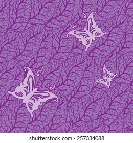 detailed purple leaf pattern with stylized butterflies 