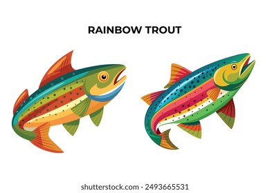 Detailed Rainbow Trout fish vector illustration. Perfect for culinary, marine, and environmental designs. High-quality vector for easy customization. Ideal for menus, packaging, education, and web gra