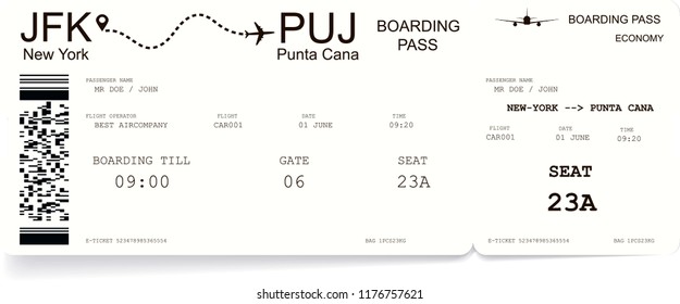 Detailed realistic airline boarding pass. Vector illustration of airplane ticket.