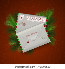 detailed realistic Christmas mail envelopes with holiday decoration,  holiday  mail, vector