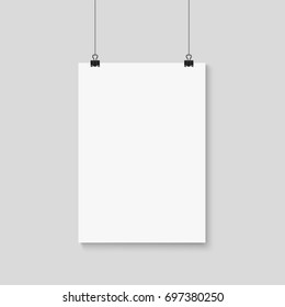 Detailed realistic design template poster. Empty white A4 sized paper mock up hanging with clips. Vector illustration.