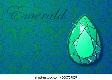 Detailed realistic drawing of a emerald gemstone on the luxury seamless texture background Template for greeting card, astrology article, business card or corporate design. EPS10 vector illustration