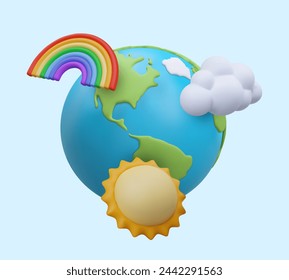 Detailed realistic Earth, rainbow, sun, cloud. Circulation in nature