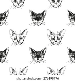 Detailed realistic hand drawn abyssinian cat portrait. Vector illustration. Set of isolated drawing kitten heads and faces some breeds. Black pattern on white background