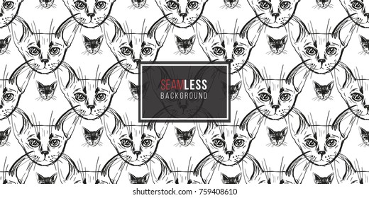 Detailed realistic hand drawn abyssinian cat portrait. Vector illustration. Black pattern on white background