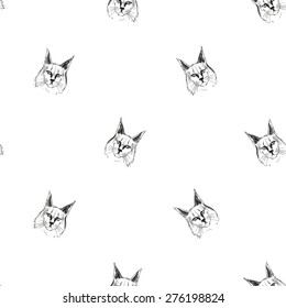 Detailed realistic hand drawn maine cat portrait. Vector illustration. Set of isolated drawing kitten heads and faces some breeds. Black pattern on white background