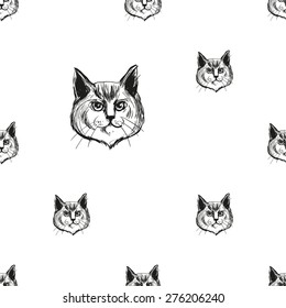 Detailed realistic hand drawn norwegian cat portrait. Vector illustration. Set of isolated drawing kitten heads and faces some breeds. Black pattern on white background