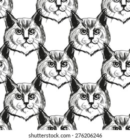 Detailed realistic hand drawn norwegian cat portrait. Vector illustration. Set of isolated drawing kitten heads and faces some breeds. Black pattern on white background