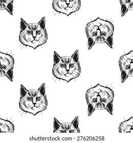 Detailed realistic hand drawn norwegian cat portrait. Vector illustration. Set of isolated drawing kitten heads and faces some breeds. Black pattern on white background
