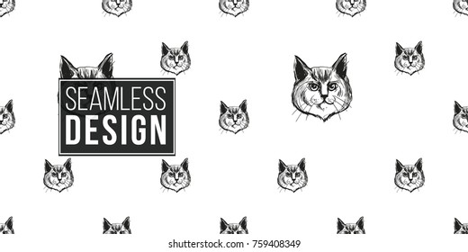Detailed realistic hand drawn norwegian cat portrait. Vector illustration. Black pattern on white background