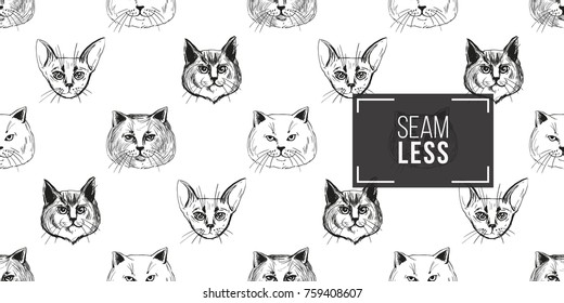 Detailed realistic hand drawn norwegian, british, abyssinian cat portrait. Vector illustration. Black pattern on white background