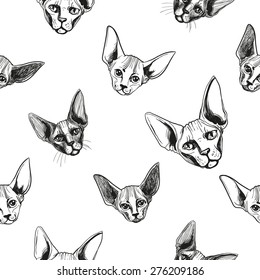 Detailed realistic hand drawn sphynx cat portrait. Vector illustration. Set of isolated drawing kitten heads and faces some breeds. Black pattern on white background