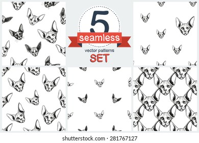 Detailed realistic hand drawn sphynx cat portrai. Set of 5 vector seamless pattern. Chess grid order pattern.