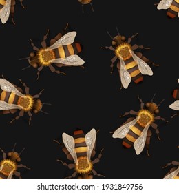 A lot of detailed realistic honey bees, many insects on dark seamless pattern