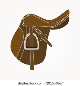 Detailed realistic horse saddle illustration made in vector. Perfect leather horse supply. Equine element made in brown color.