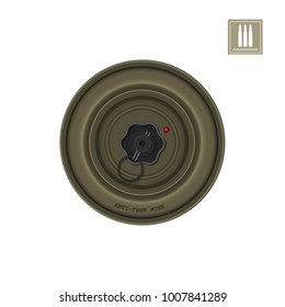 Detailed realistic image of anti-tank mine. Army explosive. Weapon icon. Military object. Vector illustration