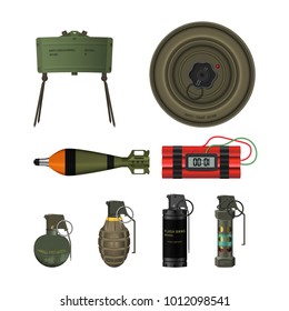 Detailed realistic image of hand grenade, mine and dinamite. Army explosive set. 3d weapon icons. Military isolated objects. Vector illustration