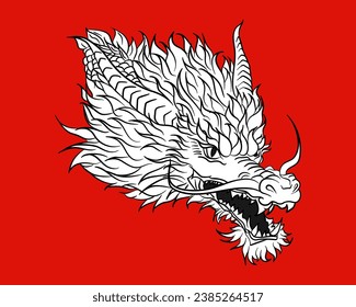 Detailed realistic ink dragon head in asian style for 2024 Lunar new year. Sketch or tattoo with Chinese mythology creature on red background. Scary angry dragon