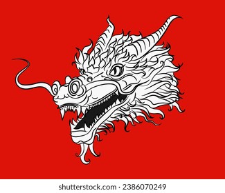 Detailed realistic ink dragon head in asian style for 2024 Lunar new year. Sketch or tattoo with Chinese mythology creature on red background. Scary angry dragon