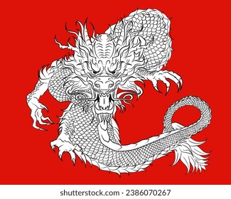 Detailed realistic ink flying dragon in asian style for 2024 Lunar new year. Sketch or tattoo with Chinese mythology creature on red background. Scary angry dragon