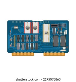 Detailed realistic microcircuit and board. Computer equipment.
