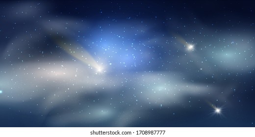 Detailed realistic night starry blue sky. Cosmos concept. Galaxy explosion. Stars in space abstract. Night shining starry sky. Congratulations or invitation background. 