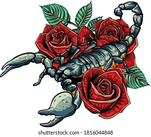 Detailed realistic scorpio in a decorative frame of roses.