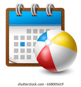 Detailed realistic sport calendar icon with metallic spiral and beach ball. Vector illustration, isolated on white.