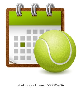 Detailed realistic sport calendar icon with metallic spiral and tennis ball. Vector illustration, isolated on white.