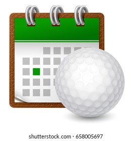 Detailed realistic sport calendar icon with metallic spiral and golf ball. Vector illustration, isolated on white.