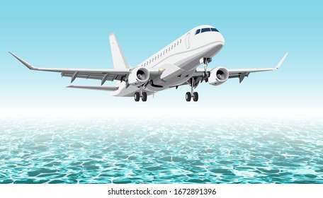 Detailed realistic vector illustration of an airplane above the sea