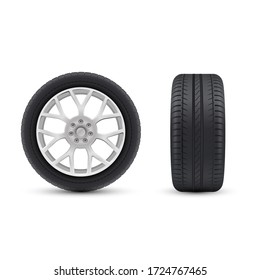 Detailed realistic wheels set for vehicle, transport, auto. Front, side view. Car care service centre, mounting, repairing, winter tire replacement. Vector car wheels illustration isolated on white.
