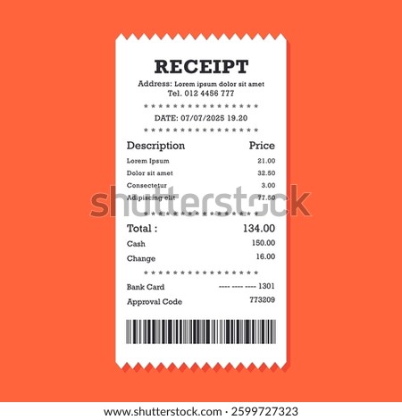 Detailed Receipt with Itemized List on Orange Background with Shadow Effect