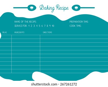 Detailed Recipe Card "Baking Recipe". Write your recipes with directions, ingredients, cooking time and for how many serving. Kitchen note template. With wooden spoon and elements as decoration.